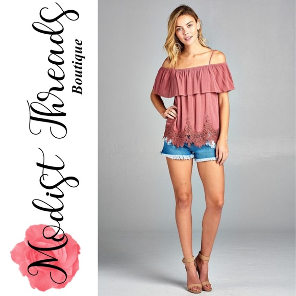 Pink Flounce Off The Shoulder Woven Crinkle Top - Picture 2 of 4